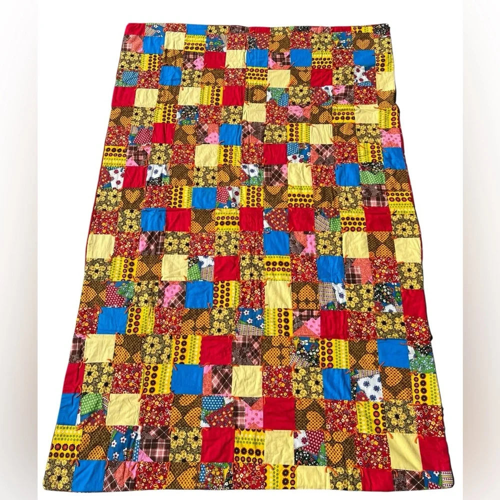 VTG 60s 70s 85x57 Folk Patchwork Boho Quilt Colorful Groovy Retro Handmade OOAK